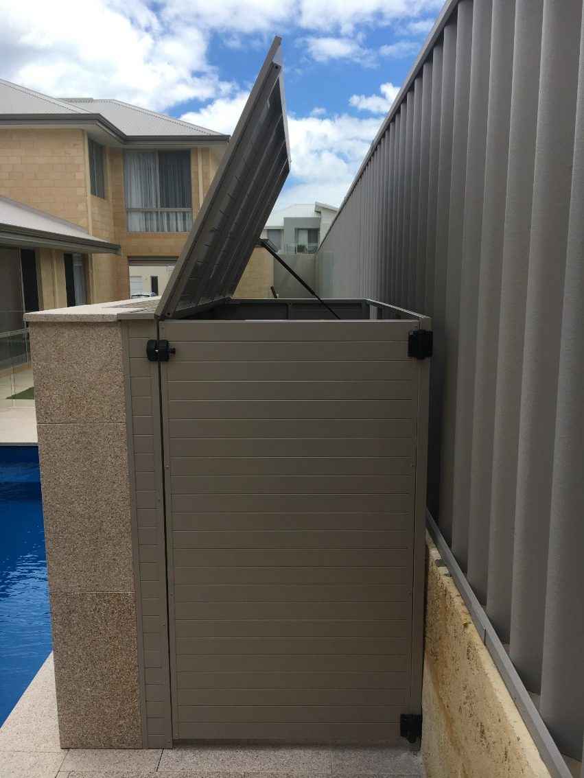 Brown pool box with open lit and easy access door